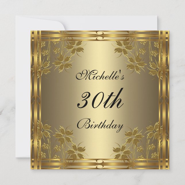 Convite Preto Bronze Dourado & Flores Douradas (Frente)