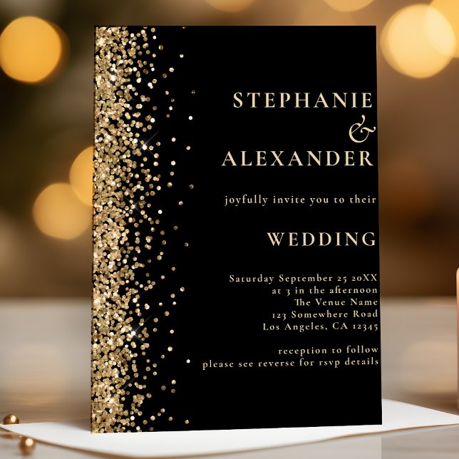 Convite Preto com Casamento Dourado com Código QR Glitter (Criador carregado)