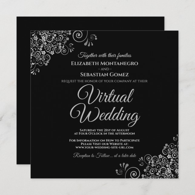 Convite Preto com Casamento Virtual Elegante Lacy Silver (Frente/Verso)