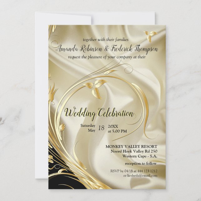 Convite Preto com Dourado Casamento de Seda de Champanhe (Frente)