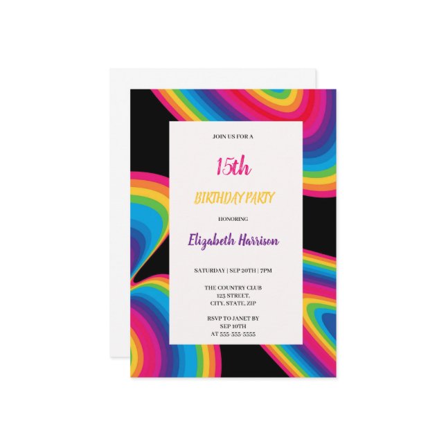 Convite preto com festa de aniversário ondulada do arco-ír (Frente/Verso In Situ)