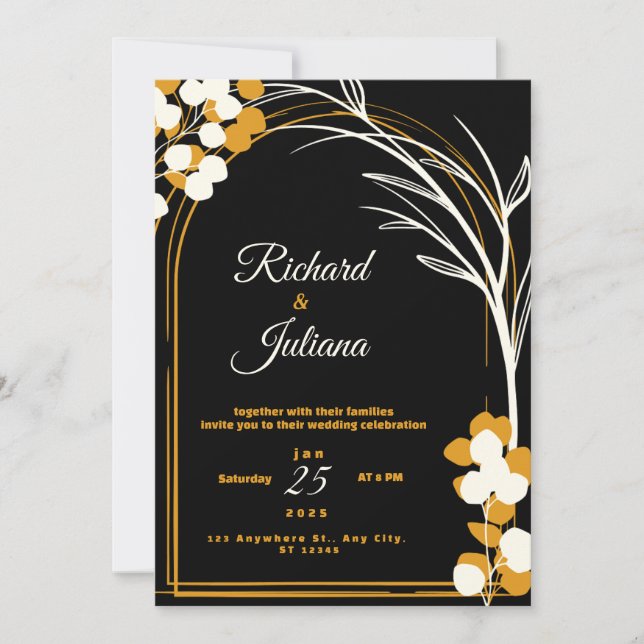 Convite preto com flor branca e laranja (Frente)