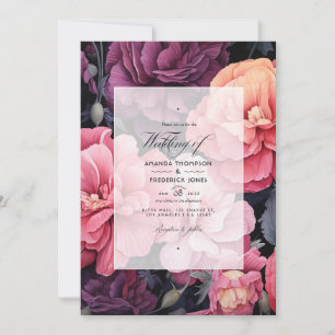Convite Preto com Floral Rosa Suave Casamento de Primavera
