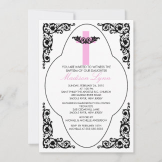 Convite preto & cor-de-rosa elegante do baptismo
