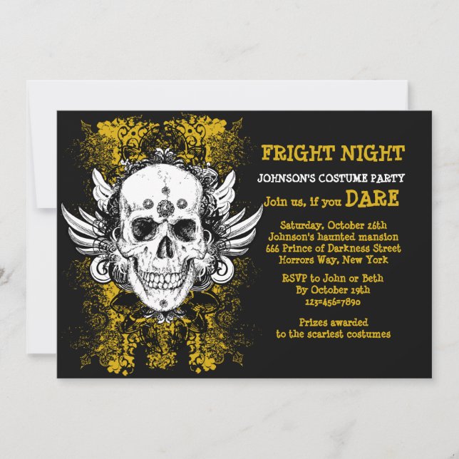 Convite Preto da Noite de Terror da Caveira Grunge (Frente)