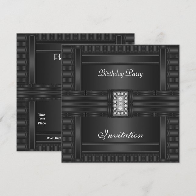 Convite Preto De Aniversário Na Joia De Diamante P (Frente/Verso)