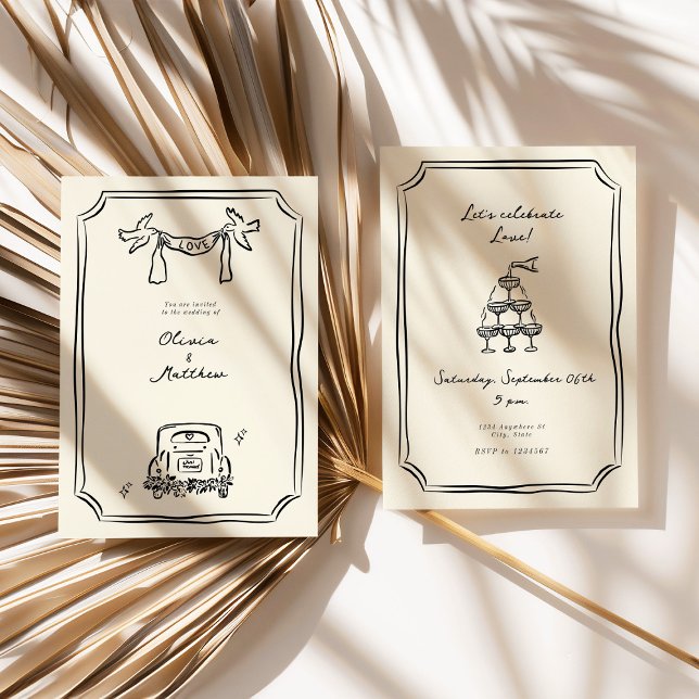 Convite Preto de Casamento Desenhado à Mão Branca (Whimsical Hand Drawn Wedding Black Invitation)