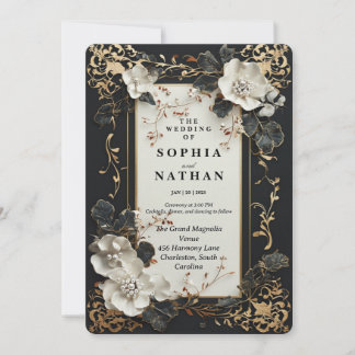 Convite Preto de luxo e Dourado com Design Floral Elegante