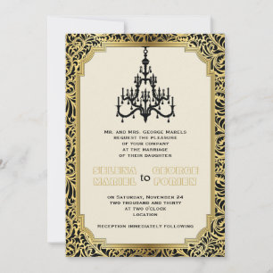 Convite Preto do candelabro do art deco, casamento do ouro
