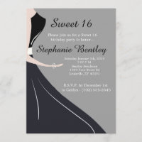 Convite preto do doce 16 da silhueta do vestido