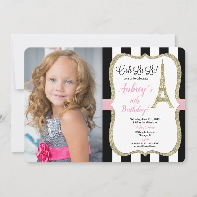 Convite Preto do ouro do rosa da foto do aniversário de (Frente)