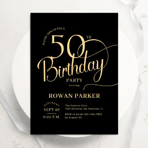 Convite Preto Dourado 50º Aniversário Script Elegante