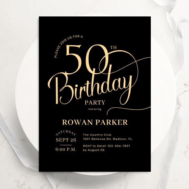 Convite Preto Dourado 50º Aniversário Script Elegante (Criador carregado)