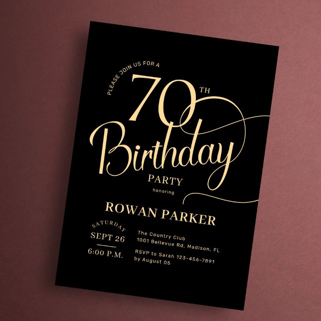 Convite Preto Dourado 70º Aniversário Elegante Script (Criador carregado)