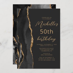 Convite Preto Dourado Agate Slate Script 50th Birthday