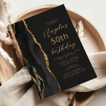 Convite Preto Dourado Agate Slate Script 50th Birthday<br><div class="desc">A borda esquerda deste elegante convite de aniversário moderno apresenta uma coloração aquosa preta e borda agitada com brilho dourado. O texto personalizável combina o script dourado e as fontes sans serif em um fundo preto de slate. O verso apresenta um design de agate preto e dourado correspondente.</div>
