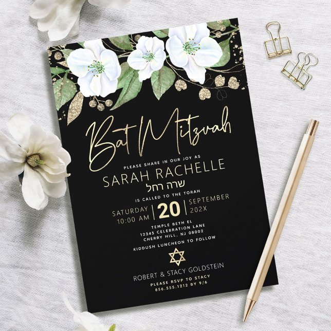 Convite Preto Dourado Bat Mitzvah Script Floral Watercolor (Criador carregado)