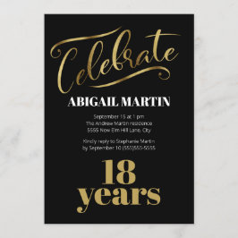 Convite Preto Dourado branco 18ª Festa de aniversário