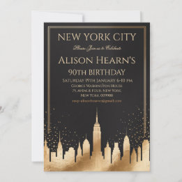 Convite Preto Dourado de 90 Anos de Nova York