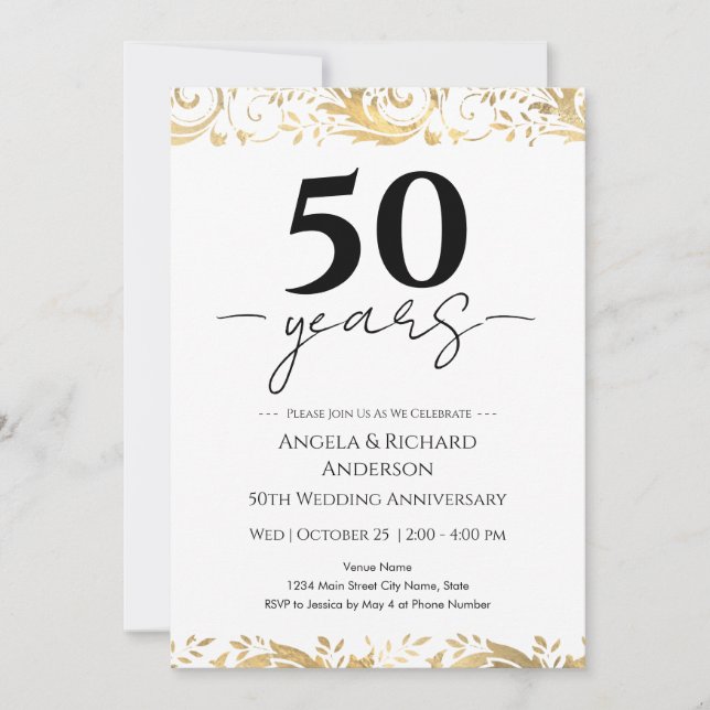 Convite Preto Dourado para Bodas de Ouro 50 Anos (Frente)