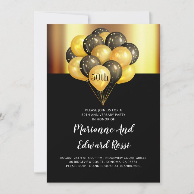 Convite Preto Dourado para Bodas de Ouro de 50 Ano (Frente)