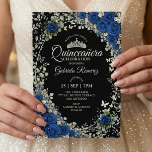 Convite Preto e Azul Real Quinceañera Borboleta Prata