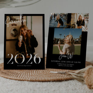 Convite Preto e Branco 2026 Coquette Laço Foto Graduação