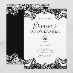 Convite Preto e Branco de Renda Festa Elegante de Quinceañ