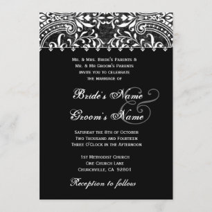 Convite preto e branco do casamento tema damasco