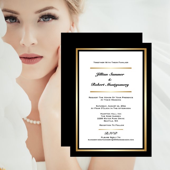 Convite Preto e Branco Elegante com Casamento Dourado (Elegant Black & White With Gold Wedding Invitation)