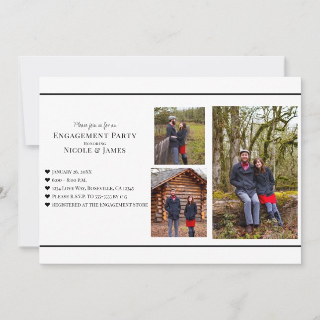 Convite Preto e branco mínimos adicione seu Noivado de fot (Frente)