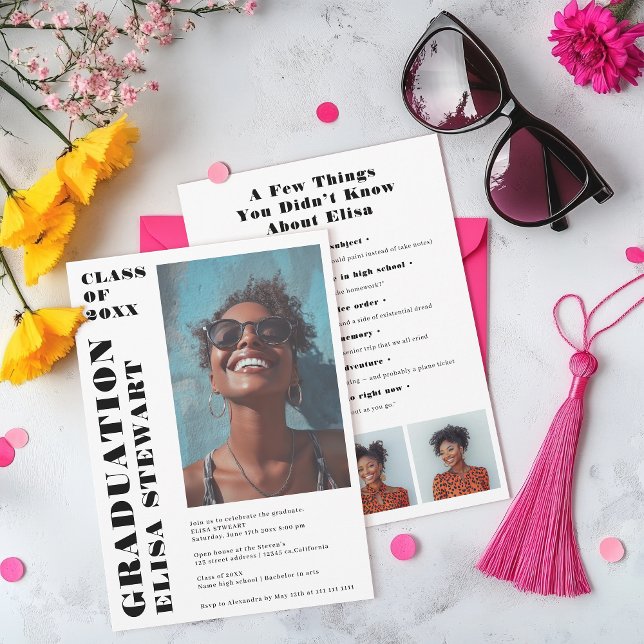 Convite Preto e Branco Moderno 4 Fotos Graduação (Bold Black and White Modern 4 photos Graduation Invitation)