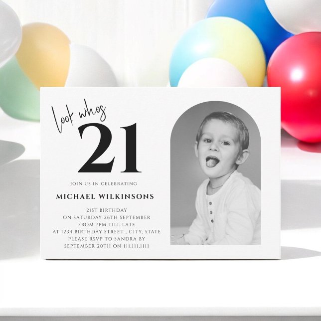 Convite preto e branco moderno para homens aniversário de  (FUN 21ST BIRTHDAY INVITATION WITH PHOTO , FULLY EDITABLE )