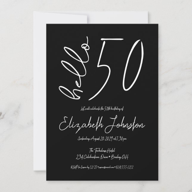 Convite Preto e Branco Olá 50 Aniversário Fabuloso Minimal (Frente)