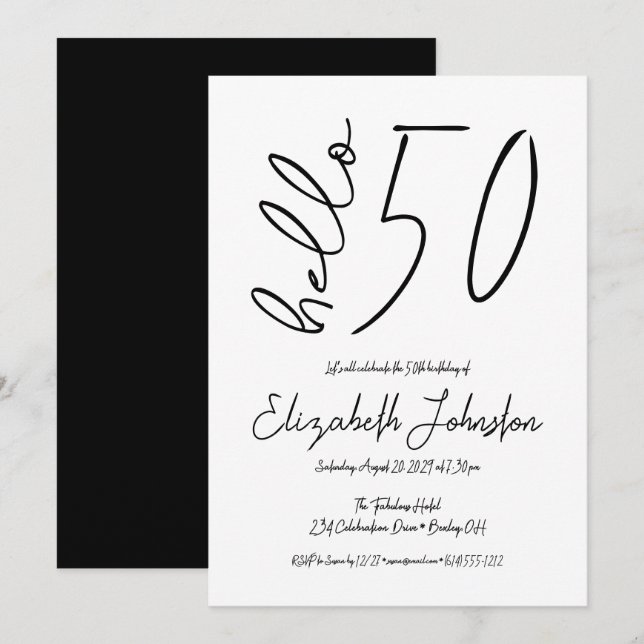 Convite Preto e Branco Olá 50 Aniversário Fabuloso Simples (Frente/Verso)
