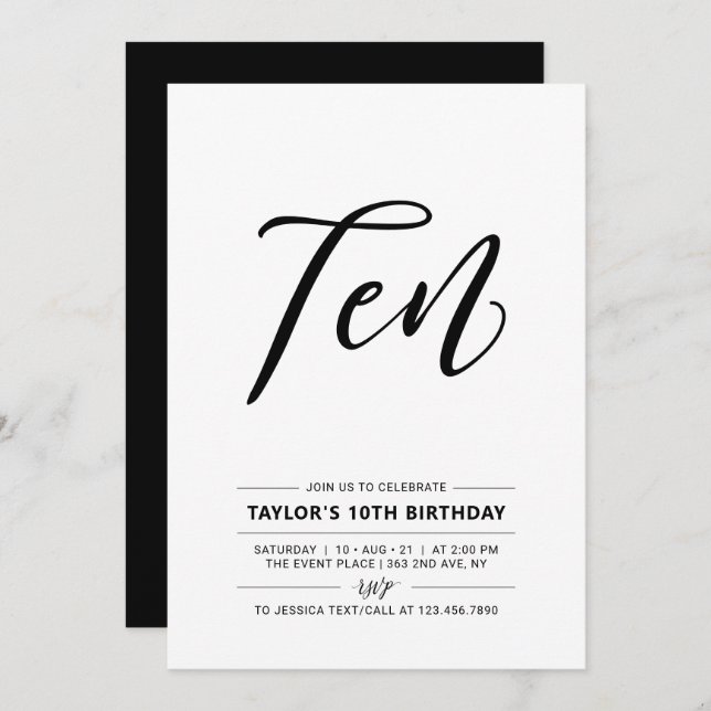 Convite Preto e branco - Simples 10ª Festa de aniversário  (Frente/Verso)