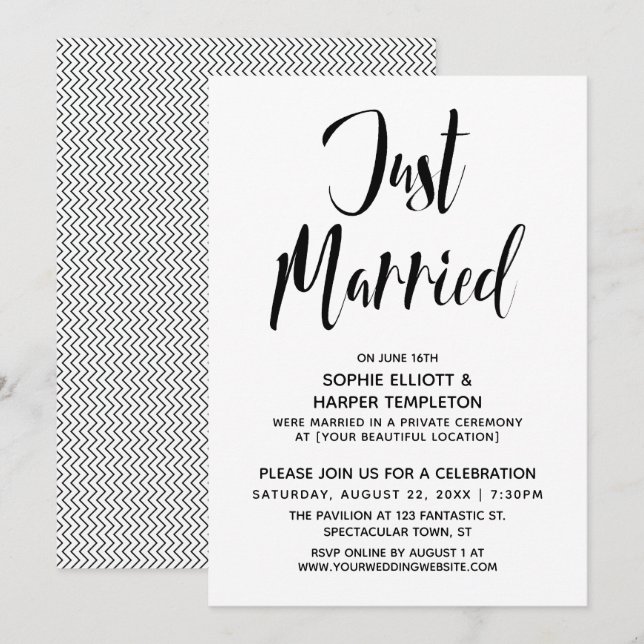 Convite Preto e Branco Tipografia Recepção de Casamento (Frente/Verso)
