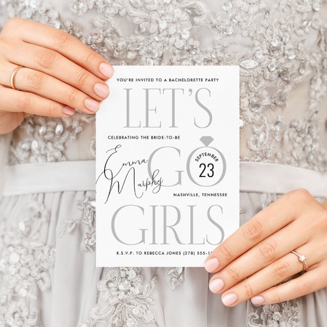 Convite Preto e branco vamos Festa de solteira das garotas (Modern, clean aesthetic white Let's Go Girls country western bachelorette party invitation)