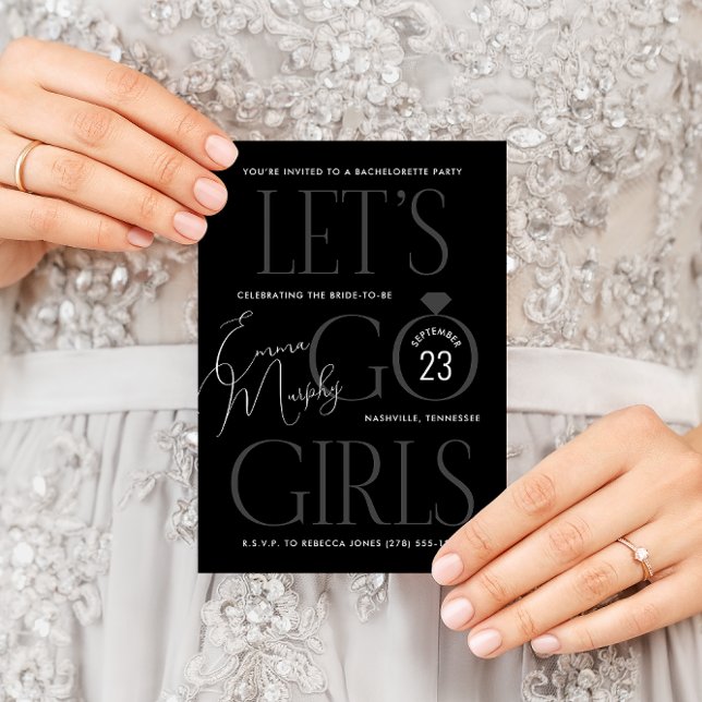 Convite Preto e branco vamos Festa de solteira das garotas (Modern and sleek black Let's Go Girls country western bachelorette party invitation)