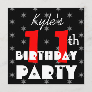 Convite Preto e branco vermelho do 11o aniversário do