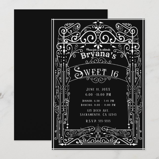 Convite Preto e Branco Vitoriano Antigo Deco Doce 16 (Frente/Verso)