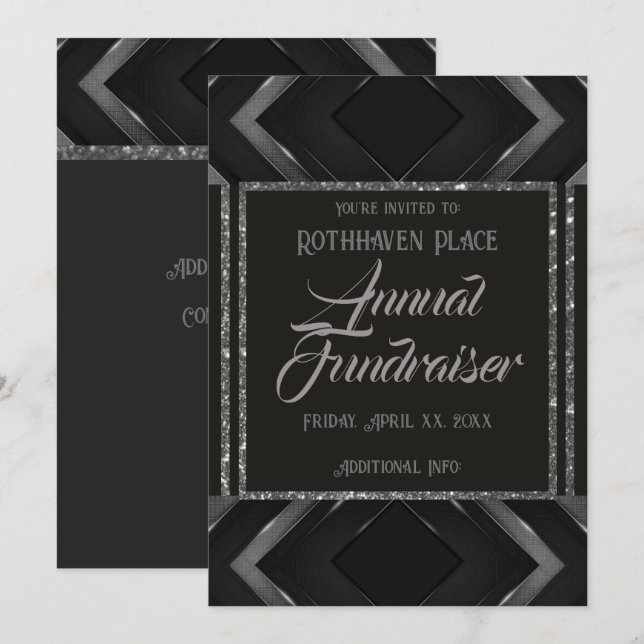 Convite Preto e Cinza Chevron  (Frente/Verso)