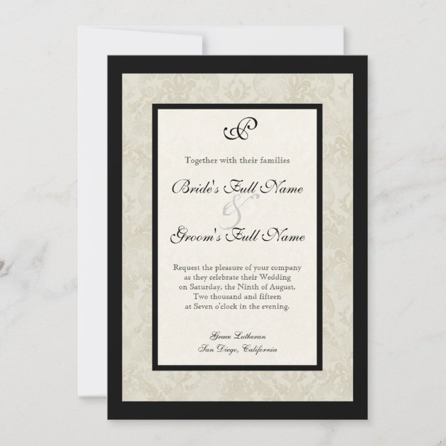 Convite Preto e Creme Fleur de Lis Damasko Casamento (Frente)