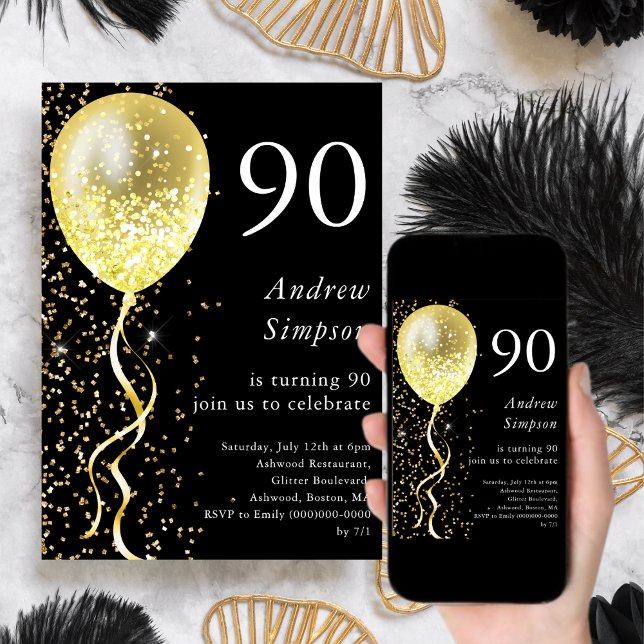 Convite Preto e Dourado | Aniversário do Balão de 90 Glitt (Criador carregado)