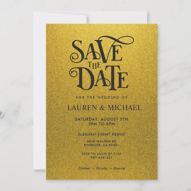Convite Preto e Dourado Brilhante Glitter Save The Date (Frente)