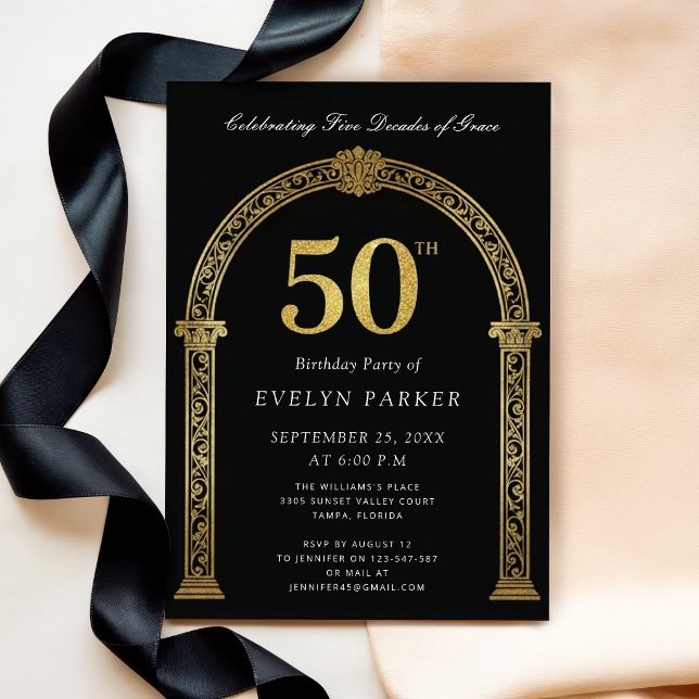Convite Preto e Dourado Cinco Décadas de Graça 50º Anivers (Criador carregado)