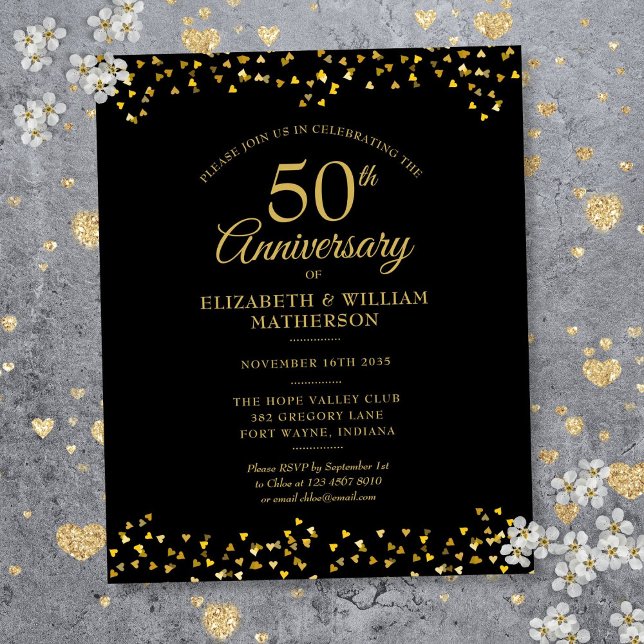 Convite Preto e Dourado do 50º Aniversário (Budget 50th Anniversary Black And Gold Invitation)