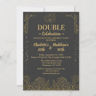 Convite Preto e Dourado Elegante Botânicos Aniversário Con