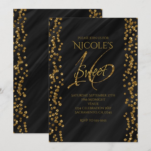 Convite Preto e dourado falso com brilho Glamour SWEET 16  (Frente/Verso)
