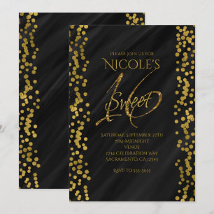 Convite Preto e Dourado Falso Glamour Moderno DOCE 16 Deze